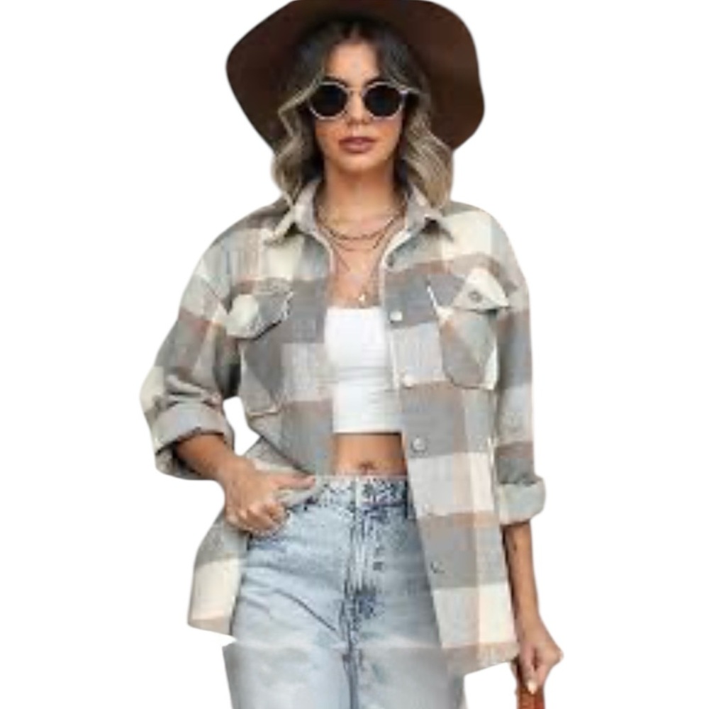 Emma’s Expressions Plaid Flannel Shacket Jacket Gray Tan White Utility Sz L EUC